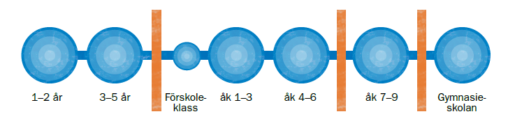 Övergångarna Inledning Barn i Sverige passerar under sin skoltid många olika skolformer: förskola, förskoleklass, grundskola och gymnasieskola.