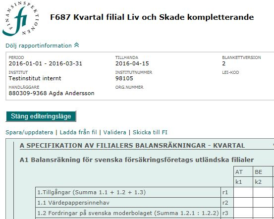 För att påbörja rapportering välj: Fyll i rapport. Nu visas blankettens utseende där inmatning sker manuellt. När rapportören har matat in siffror i blanketten ska den valideras.