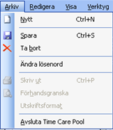 4 Menyfältet Längst upp till vänster finns menyfältet. I Time Care Pool finns menyerna Arkiv, Redigera, Visa, Verktyg samt Hjälp. I denna version är menyn för Redigera inte aktiverat.