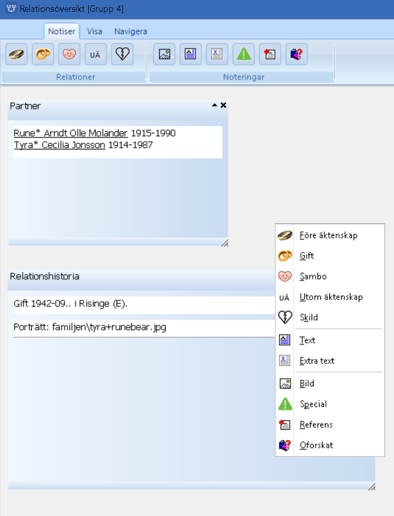 Relationsöversikt - relationshistoria Snabbvalsknappar: Före äktenskap, Gift, Sambo, Utom äktenskap, Skild, Bild, Text, Extra text, Specialnotis, Referens och