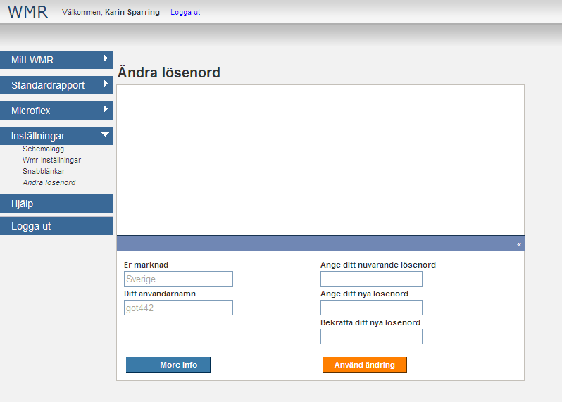 När du är inloggad i på WMR så finns möjligheten att ändra ditt lösenord.
