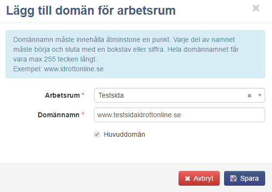 Domänhantering av arbetsrum För att ändra domäninställningar i ett arbetsrum klicka på Inställningar i vänstermenyn.