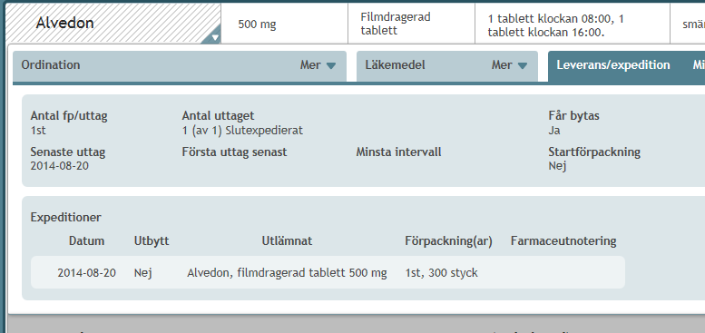 Antal förpackningar per uttag för helförpackningar, Antal uttaget (där visas slutexpedierat på de recept som är giltiga men har inga uttag kvar), förpackningsstorlek, utbytbarhet, expedieringar mm.