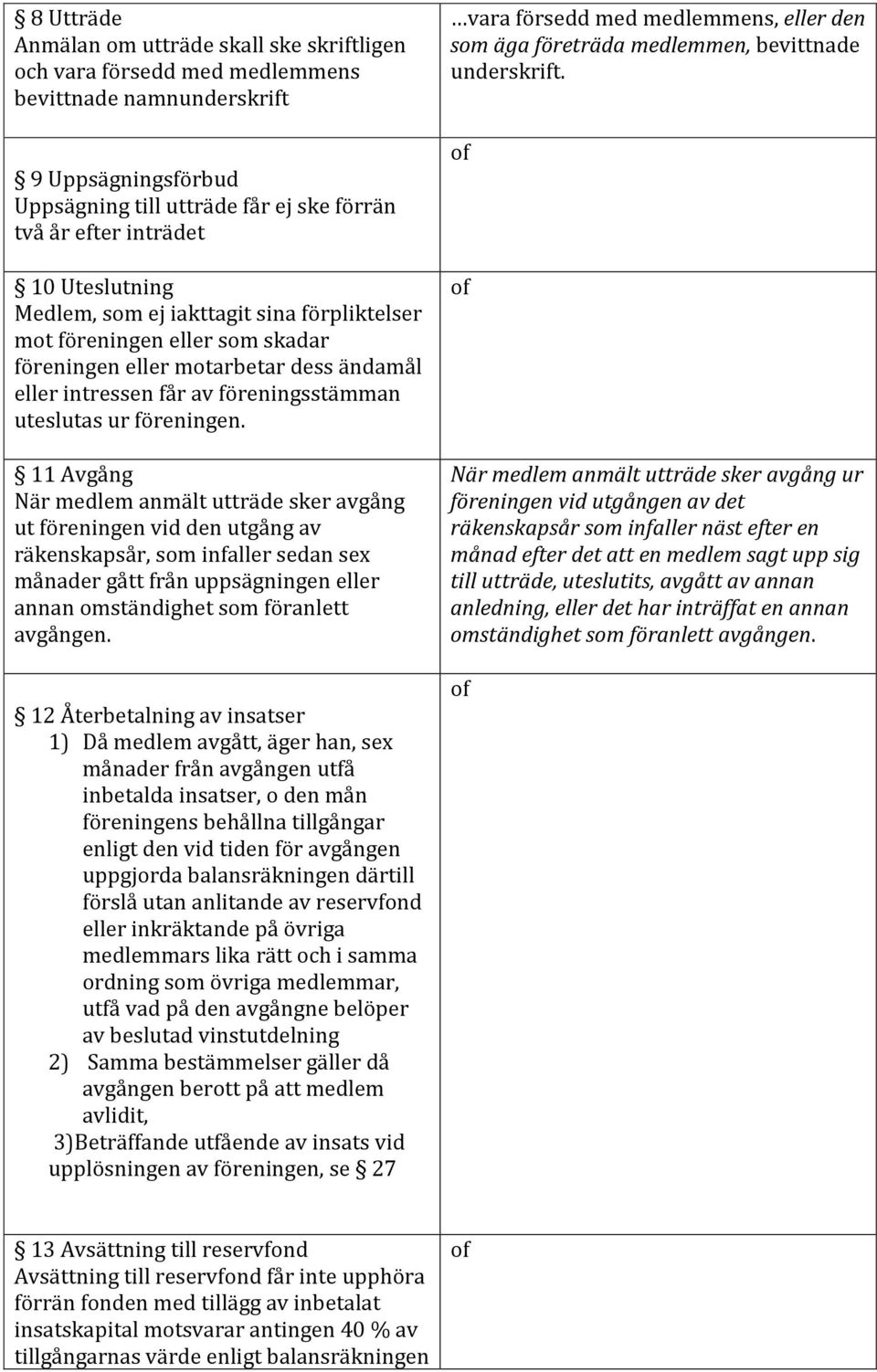11 Avgång När medlem anmält utträde sker avgång ut föreningen vid den utgång av räkenskapsår, som infaller sedan sex månader gått från uppsägningen eller annan omständighet som föranlett avgången.