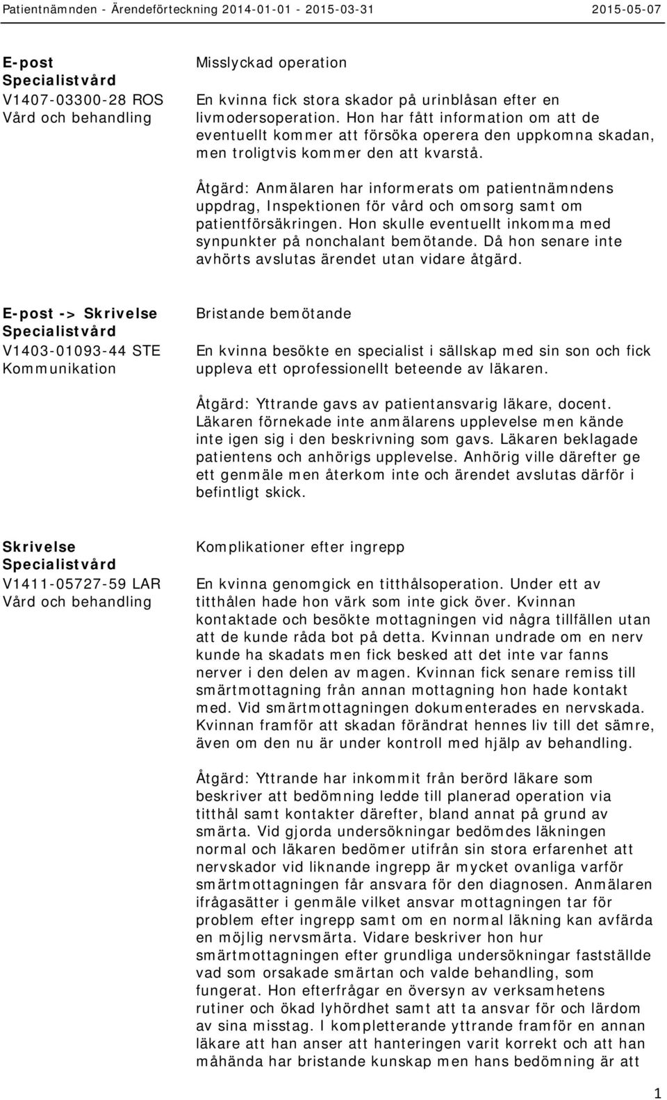 uppdrag, Inspektionen för vård och omsorg samt om patientförsäkringen. Hon skulle eventuellt inkomma med synpunkter på nonchalant bemötande.