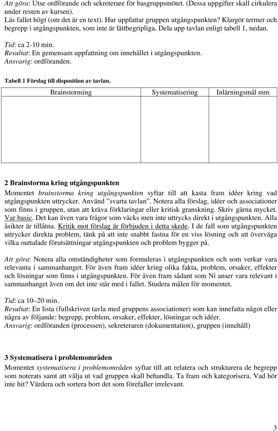 Tabell 1 Förslag till disposition av tavlan.