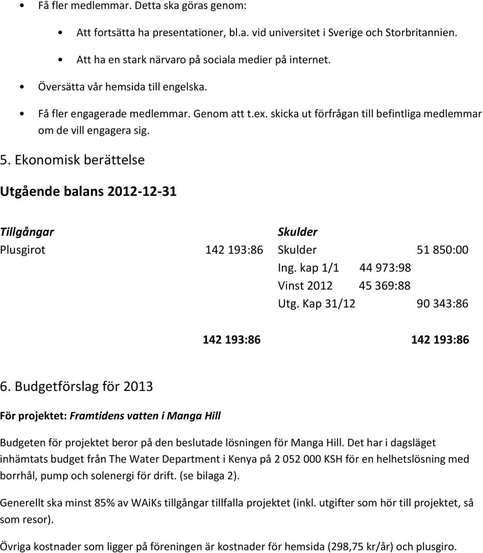 Ekonomisk berättelse Utgående balans 2012-12-31 Tillgångar Skulder Plusgirot 142 193:86 Skulder 51 850:00 Ing. kap 1/1 44 973:98 Vinst 2012 45 369:88 Utg. Kap 31/12 90 343:86 142 193:86 142 193:86 6.