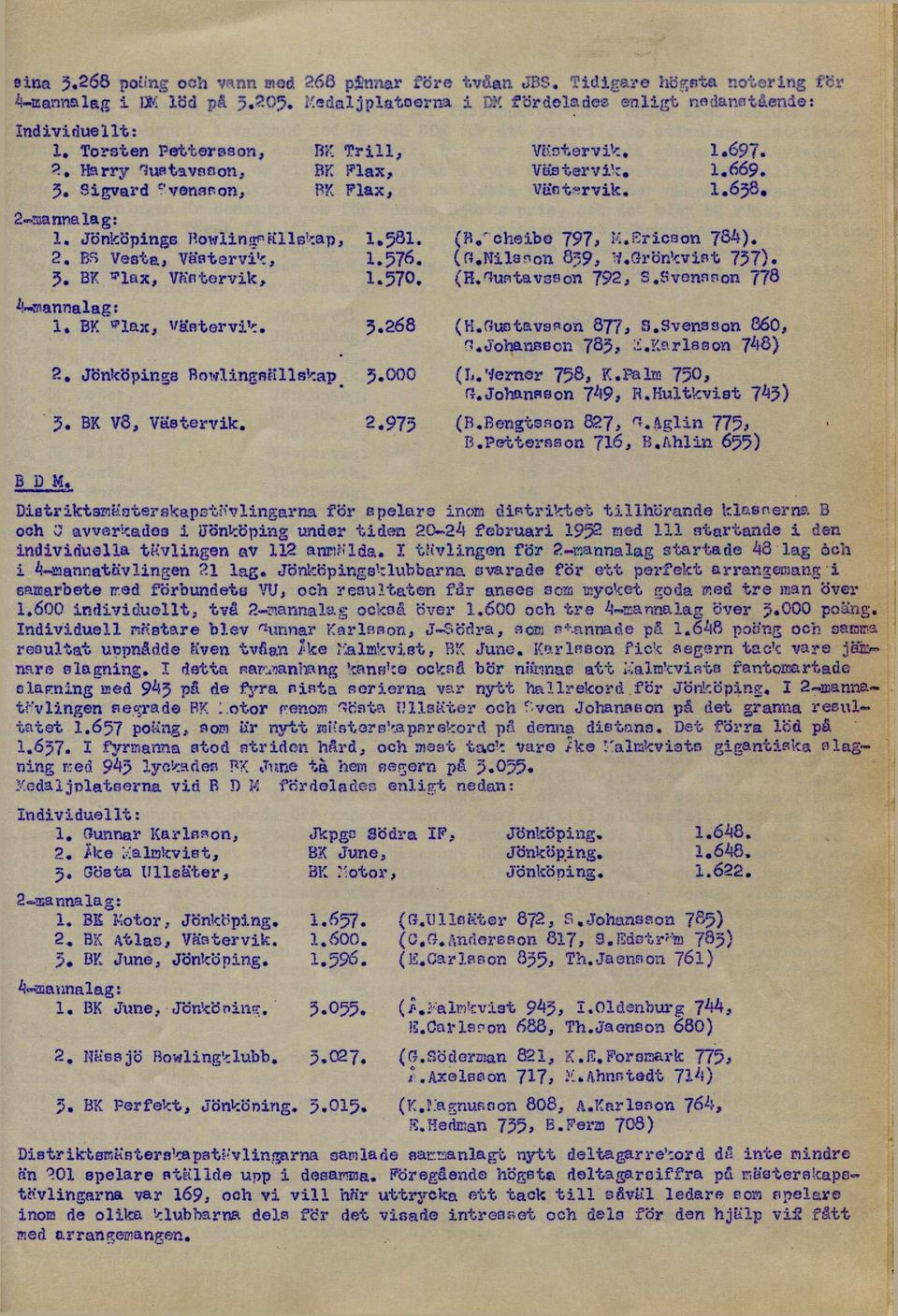 BK 'lax, Västervik, 1.570. (H.Gustavsson 792, S.Svensson 778 4-mannalag: 1. BK "lax, 5.268 2, Jönköpings Bowlingsällskap 5«000 5. BK V3, Väatervik. :.975 tvåan JBS.