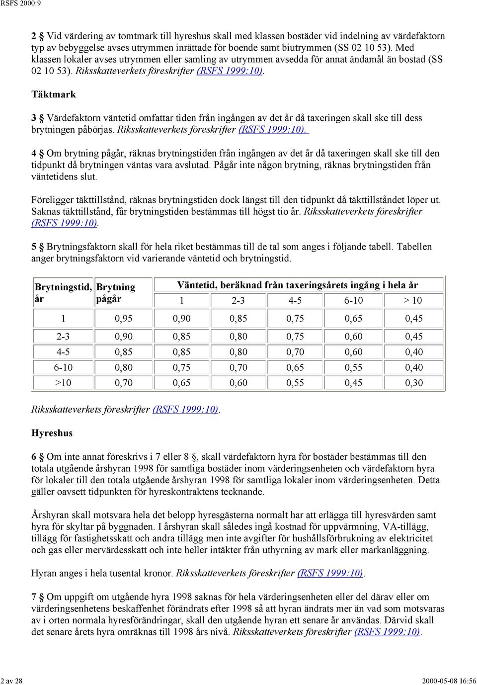 Täktmark 3 Värdefaktorn väntetid omfattar tiden från ingången av det år då taxeringen skall ske till dess brytningen påbörjas. Riksskatteverkets föreskrifter (RSFS 1999:10).