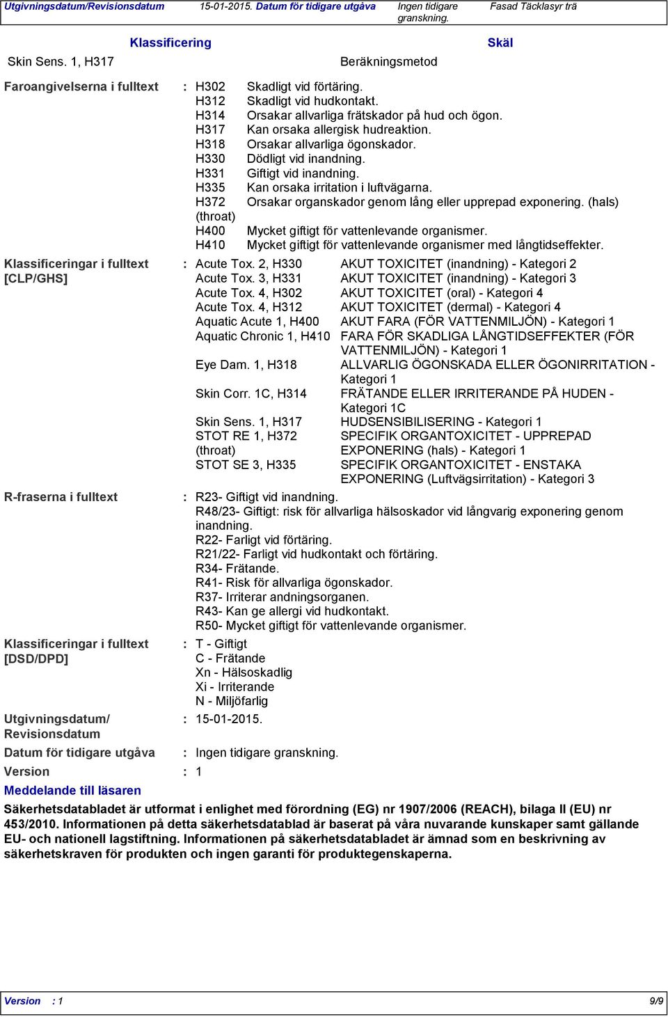 Revisionsdatum Datum för tidigare utgåva Version Meddelande till läsaren T Giftigt C Frätande Xn Hälsoskadlig Xi Irriterande N Miljöfarlig H302 H312 H314 H317 H318 H330 H331 H335 H372 (throat) H400