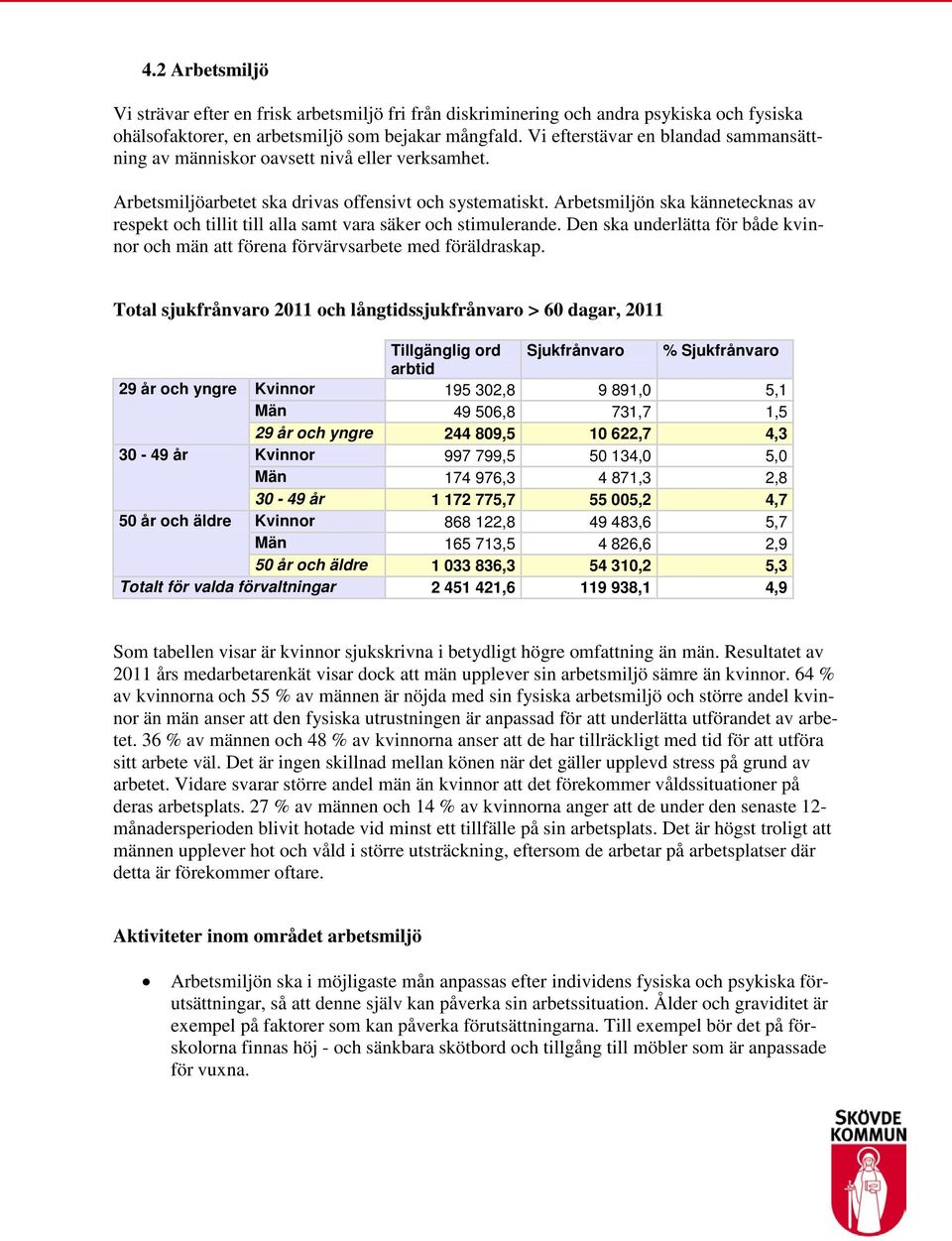 Arbetsmiljön ska kännetecknas av respekt och tillit till alla samt vara säker och stimulerande. Den ska underlätta för både kvinnor och män att förena förvärvsarbete med föräldraskap.