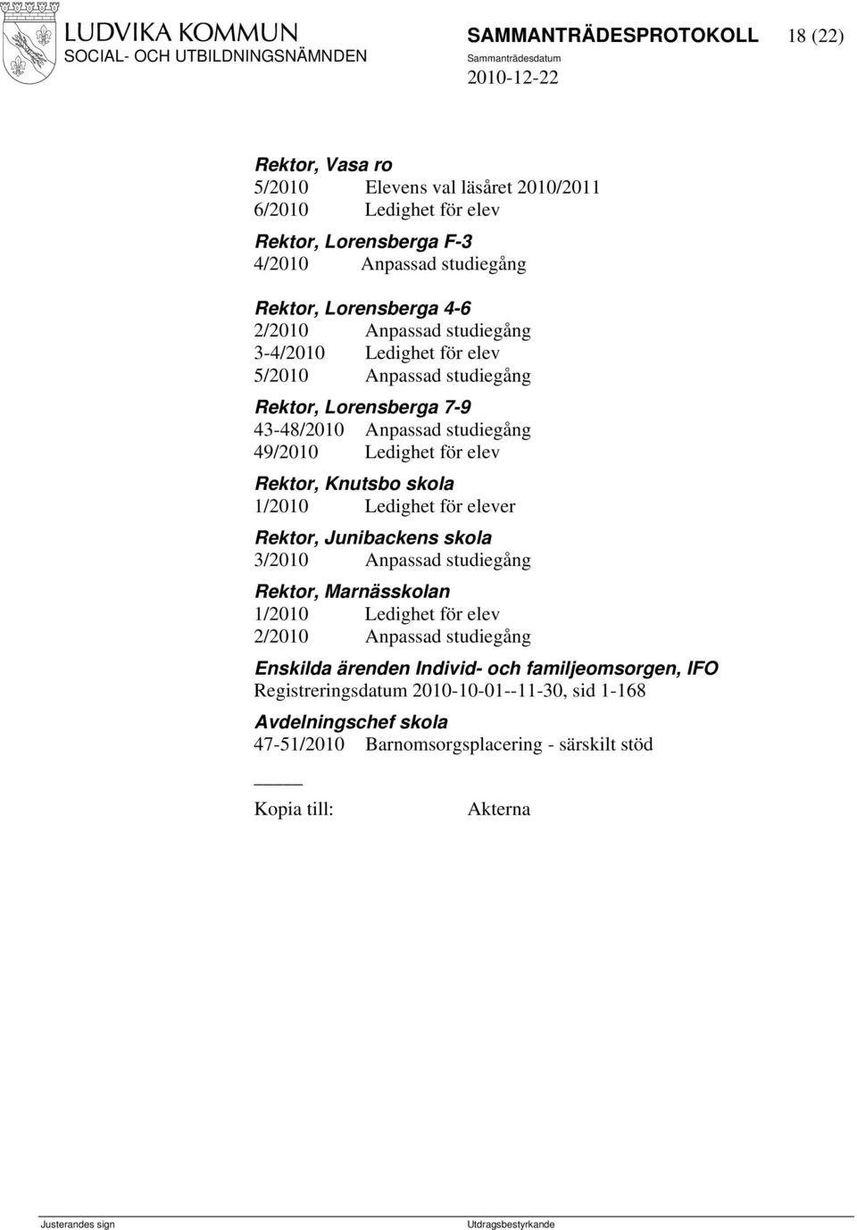 elev Rektor, Knutsbo skola 1/2010 Ledighet för elever Rektor, Junibackens skola 3/2010 Anpassad studiegång Rektor, Marnässkolan 1/2010 Ledighet för elev 2/2010 Anpassad