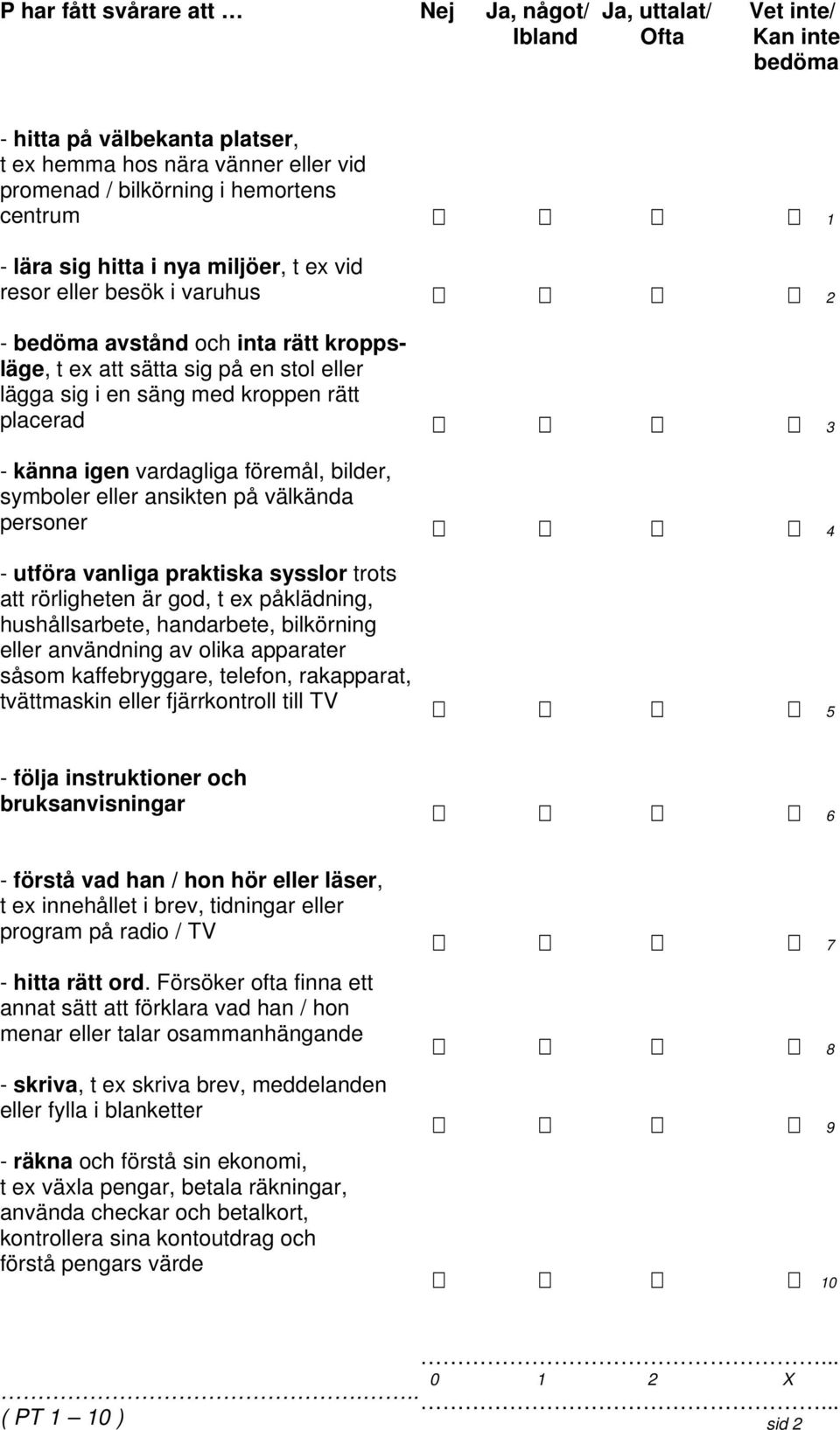 välkända personer - utföra vanliga praktiska sysslor trots att rörligheten är god, t ex påklädning, hushållsarbete, handarbete, bilkörning eller användning av olika apparater såsom kaffebryggare,