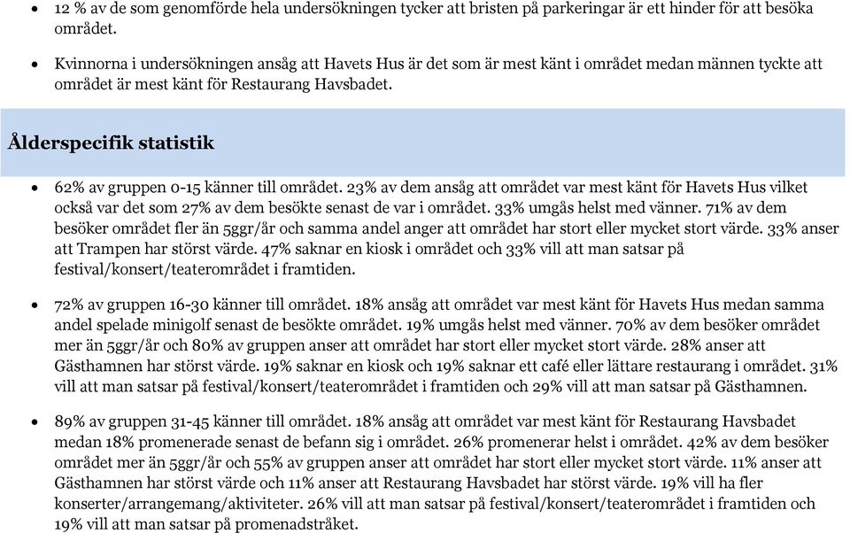 Ålderspecifik statistik 62% av gruppen 0-15 känner till området. 23% av dem ansåg att området var mest känt för Havets Hus vilket också var det som 27% av dem besökte senast de var i området.