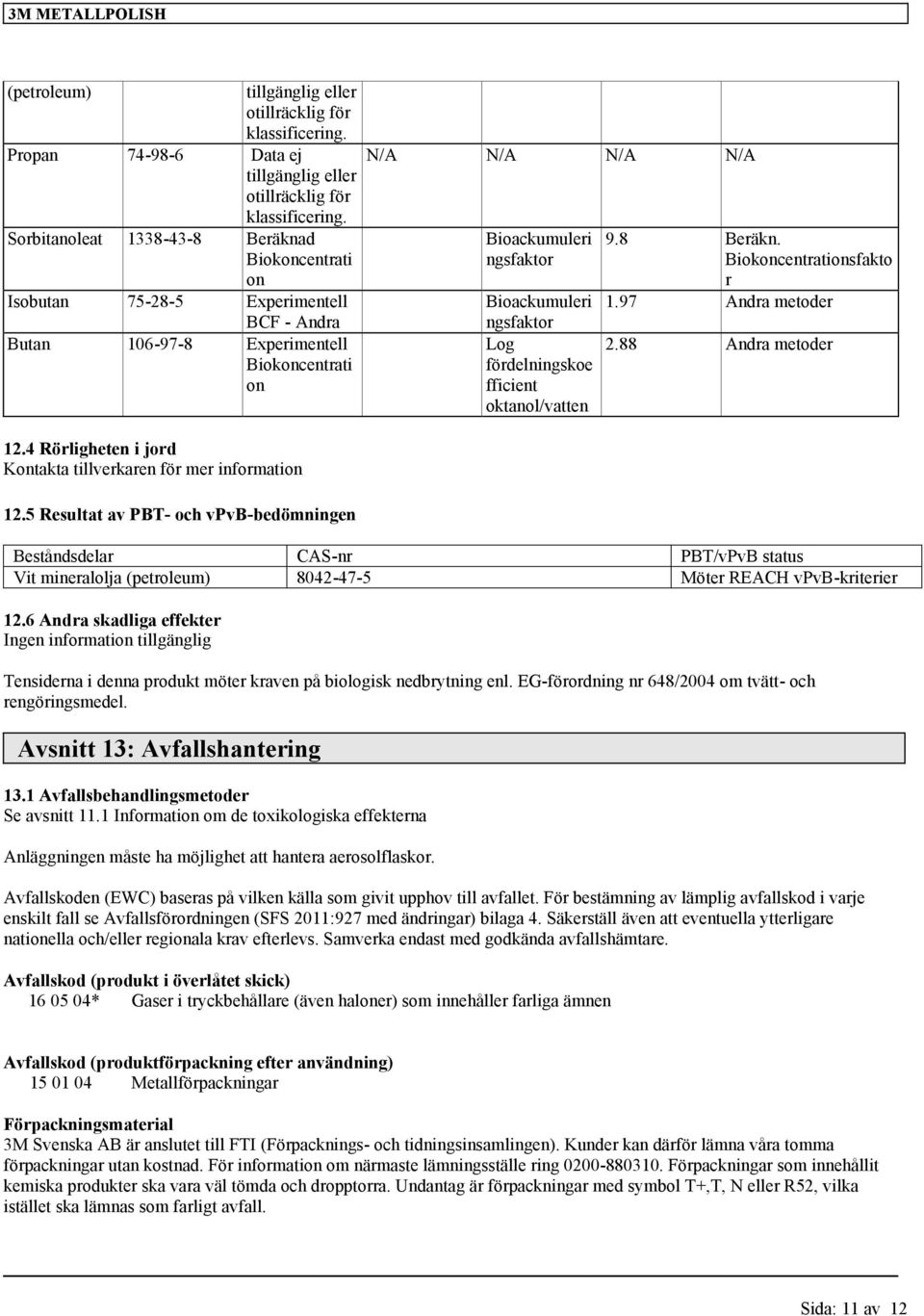 4 Rörligheten i jord Kontakta tillverkaren för mer information 12.5 Resultat av PBT- och vpvb-bedömningen N/A N/A N/A N/A Bioackumuleri ngsfaktor 9.8 Beräkn. Biokoncentrationsfakto r 1.