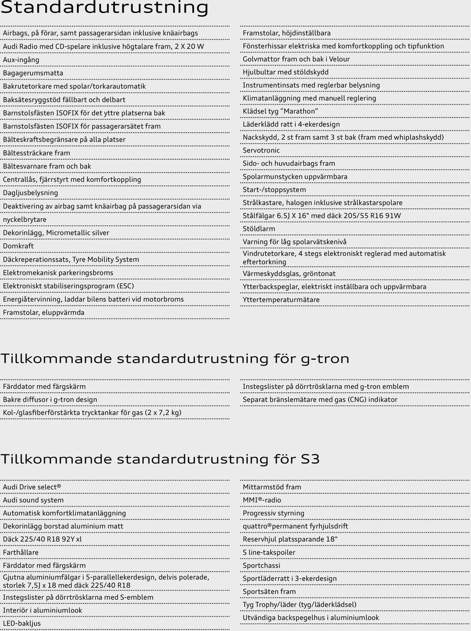 Bältessträckare fram Bältesvarnare fram och bak Centrallås, fjärrstyrt med komfortkoppling Dagljusbelysning Deaktivering av airbag samt knäairbag på passagerarsidan via nyckelbrytare Dekorinlägg,