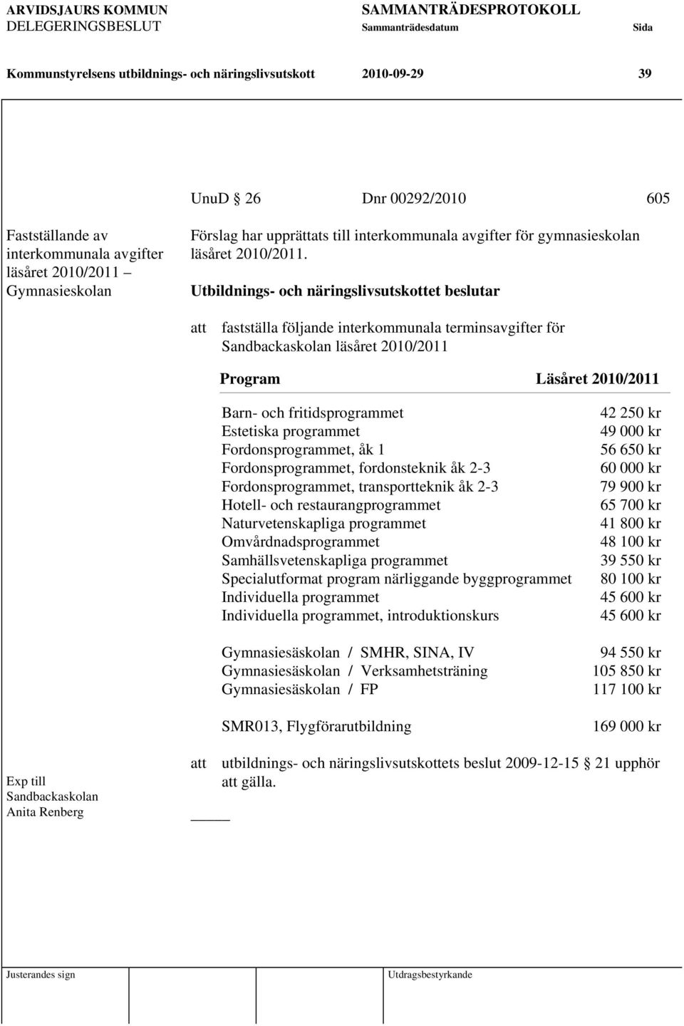 Utbildnings- och näringslivsutskottet beslutar att fastställa följande interkommunala terminsavgifter för Sandbackaskolan läsåret 2010/2011 Program Läsåret 2010/2011 Barn- och fritidsprogrammet