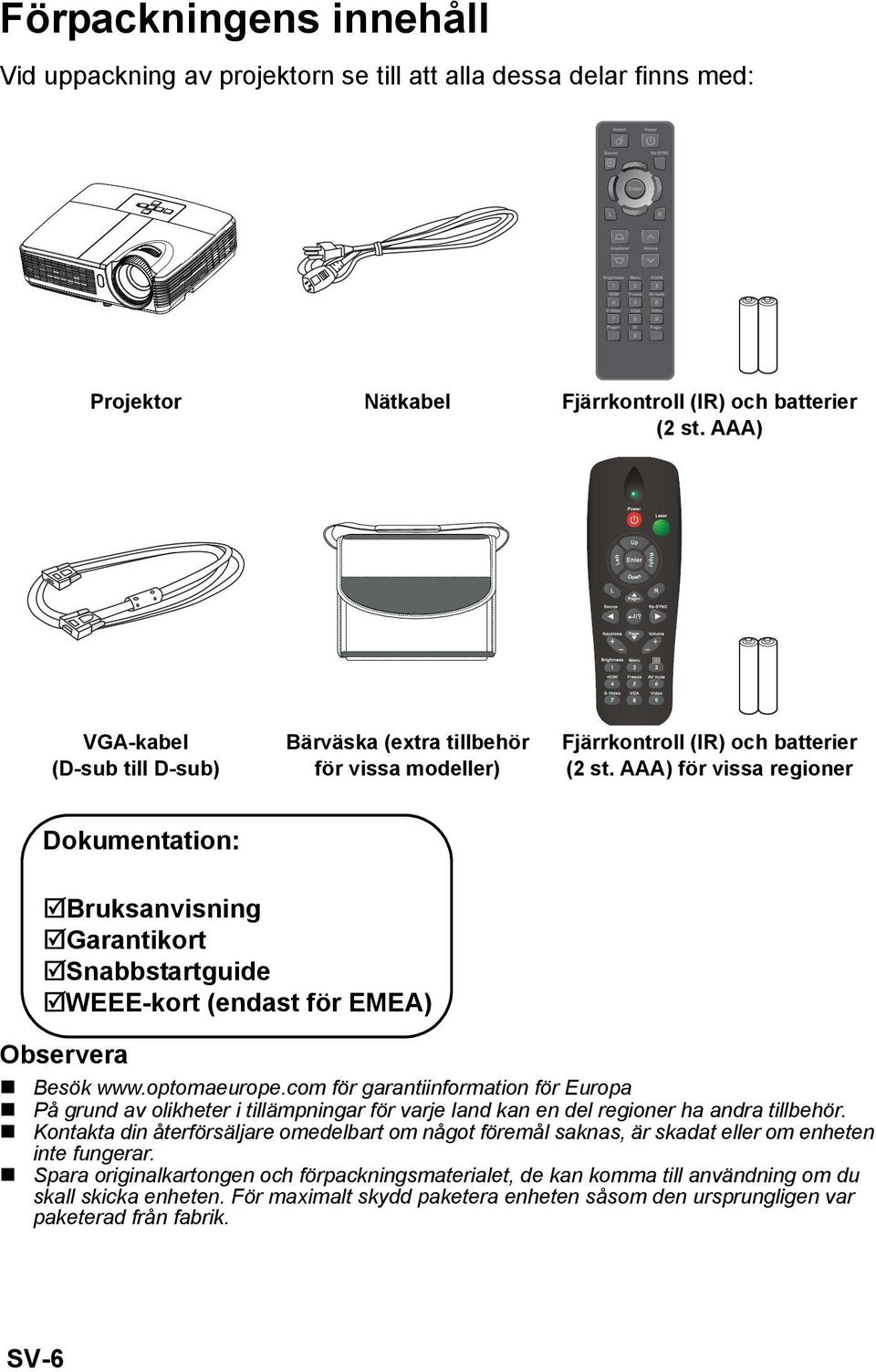 AAA) för vissa regioner Dokumentation: Bruksanvisning Garantikort Snabbstartguide WEEE-kort (endast för EMEA) Observera Besök www.optomaeurope.