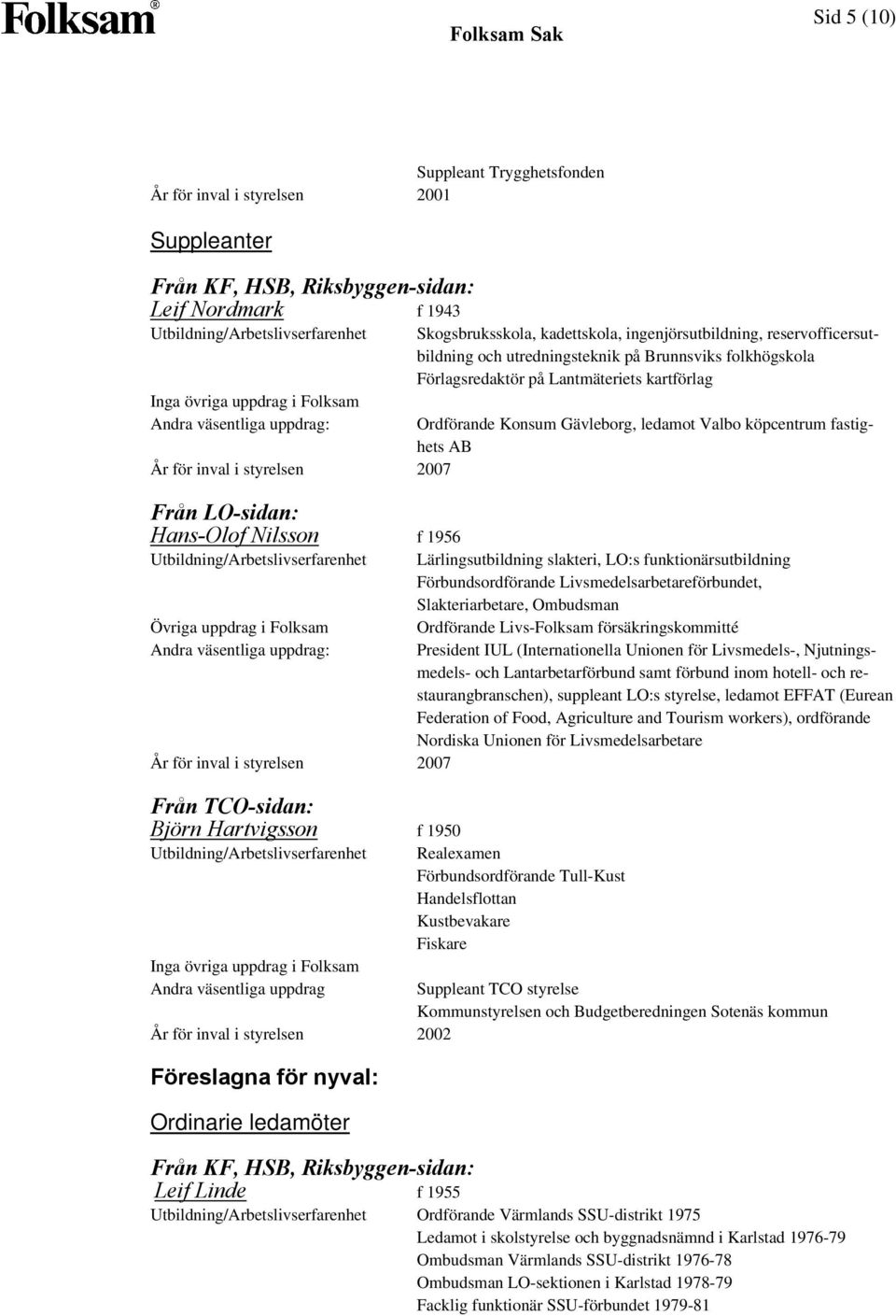 Gävleborg, ledamot Valbo köpcentrum fastighets AB Lärlingsutbildning slakteri, LO:s funktionärsutbildning Förbundsordförande Livsmedelsarbetareförbundet, Slakteriarbetare, Ombudsman Övriga uppdrag i