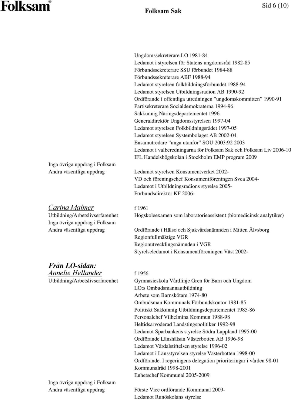 Näringsdepartementet 1996 Generaldirektör Ungdomsstyrelsen 1997-04 Ledamot styrelsen Folkbildningsrådet 1997-05 Ledamot styrelsen Systembolaget AB 2002-04 Ensamutredare unga utanför SOU 2003:92 2003