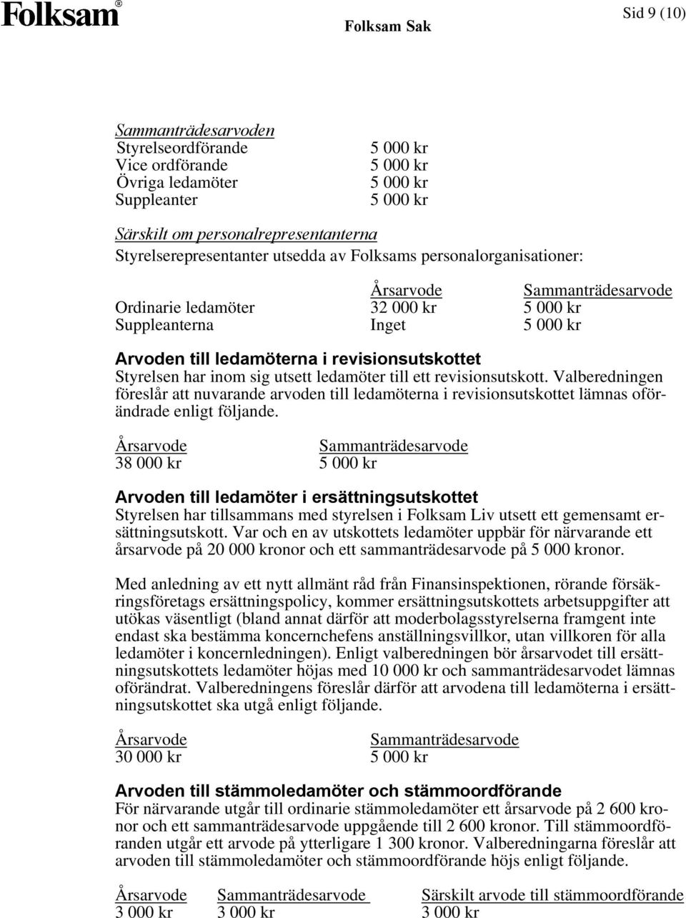 sig utsett ledamöter till ett revisionsutskott. Valberedningen föreslår att nuvarande arvoden till ledamöterna i revisionsutskottet lämnas oförändrade enligt följande.