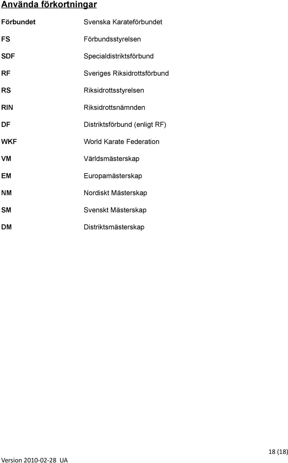 Riksidrottsstyrelsen Riksidrottsnämnden Distriktsförbund (enligt RF) World Karate