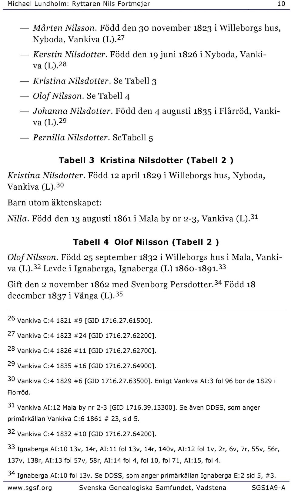 SeTabell 5 Tabell 3 Kristina Nilsdotter (Tabell 2 ) Kristina Nilsdotter. Född 12 april 1829 i Willeborgs hus, Nyboda, Vankiva (L). 30 Barn utom äktenskapet: Nilla.