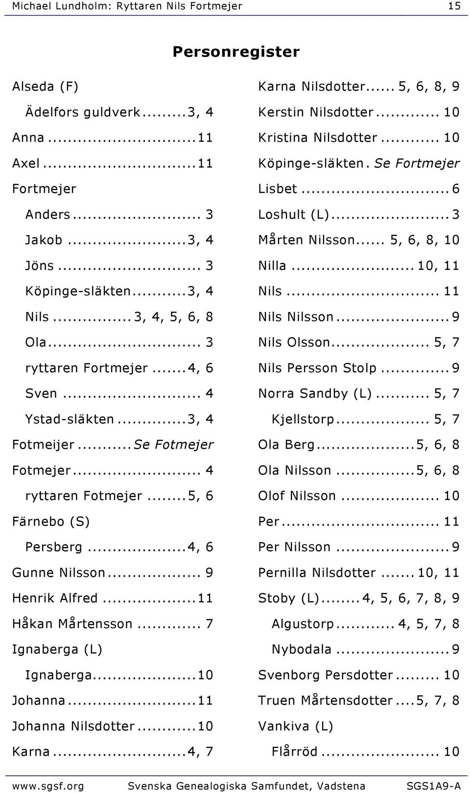 .. 9 Henrik Alfred...11 Håkan Mårtensson... 7 Ignaberga (L) Ignaberga...10 Johanna...11 Johanna Nilsdotter...10 Karna...4, 7 Karna Nilsdotter... 5, 6, 8, 9 Kerstin Nilsdotter... 10 Kristina Nilsdotter.