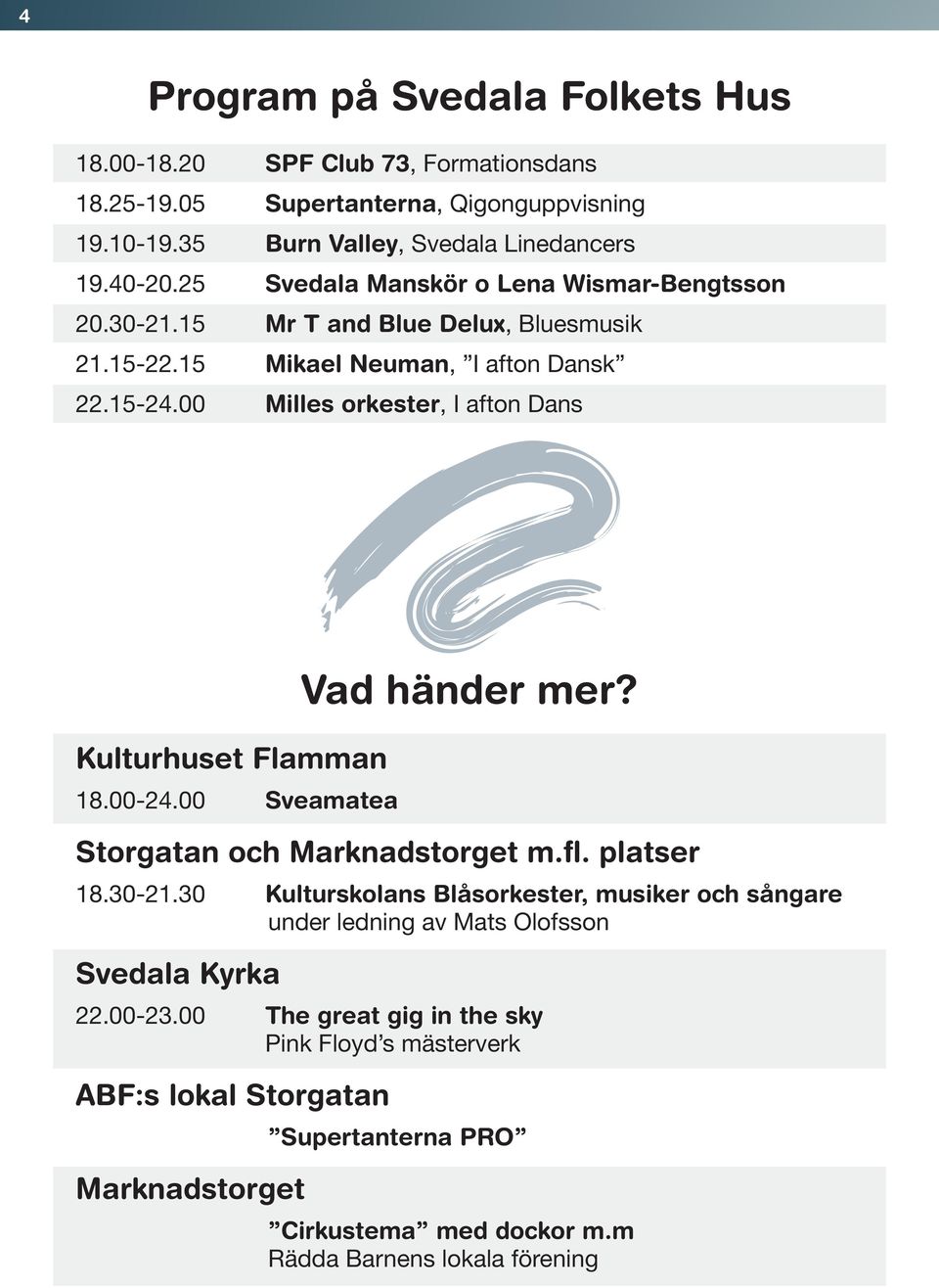 00 Milles orkester, I afton Dans Kulturhuset Flamman 18.00-24.00 Sveamatea Vad händer mer? Storgatan och Marknadstorget m.fl. platser 18.30-21.