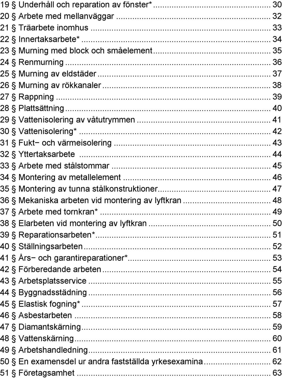 .. 43 32 Yttertaksarbete... 44 33 Arbete med stålstommar... 45 34 Montering av metallelement... 46 35 Montering av tunna stålkonstruktioner... 47 36 Mekaniska arbeten vid montering av lyftkran.