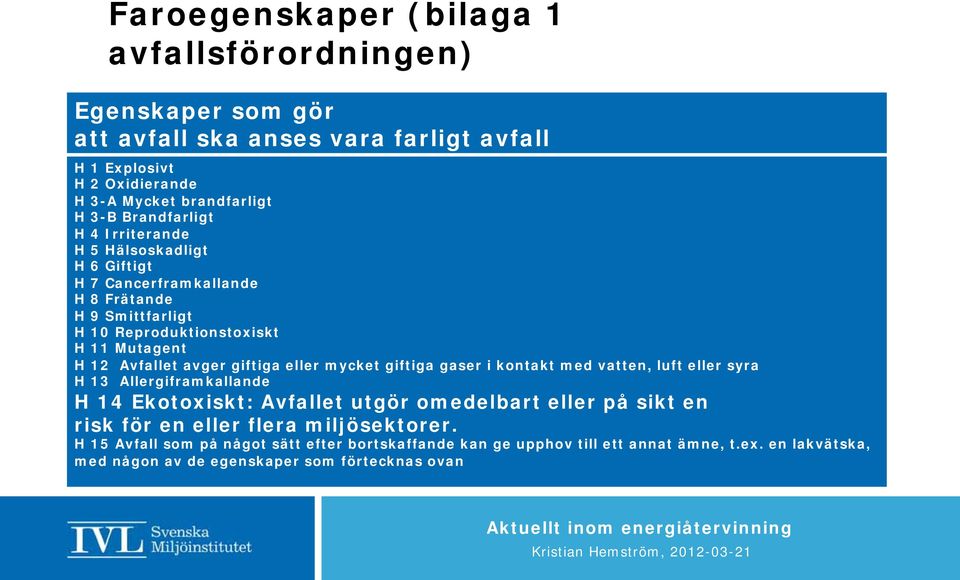 giftiga eller mycket giftiga gaser i kontakt med vatten, luft eller syra H 13 Allergiframkallande H 14 Ekotoxiskt: Avfallet utgör omedelbart eller på sikt en risk för en