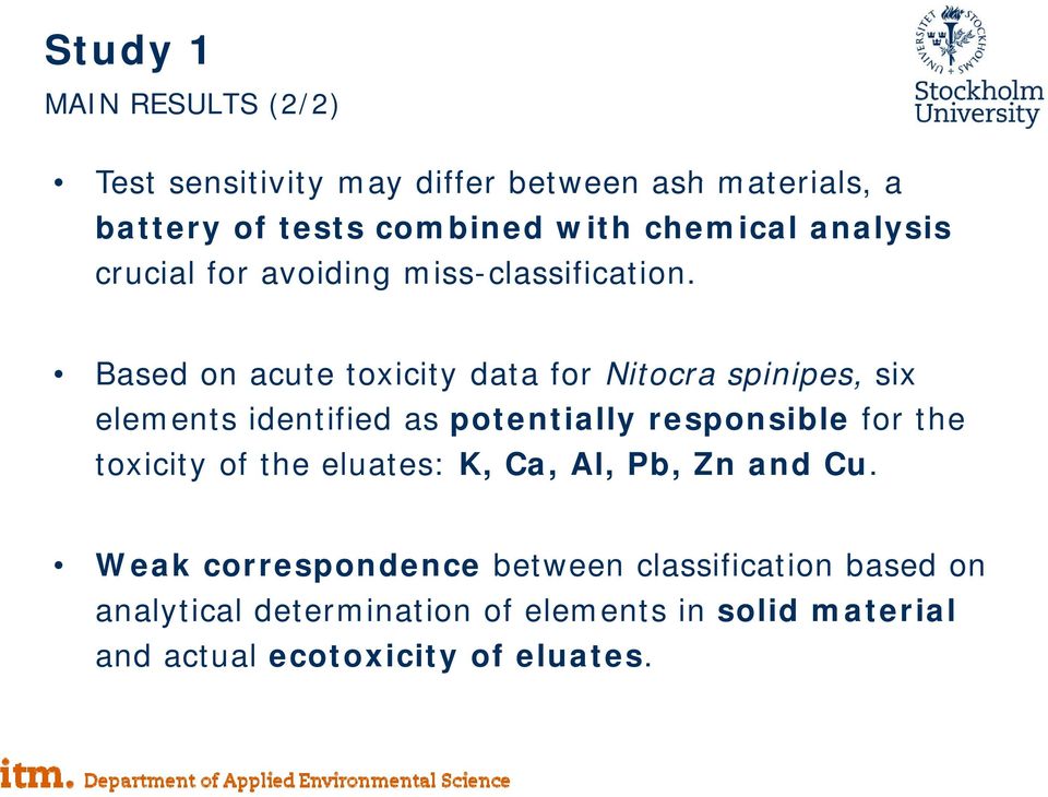 Based on acute toxicity data for Nitocra spinipes, six elements identified as potentially responsible for the toxicity