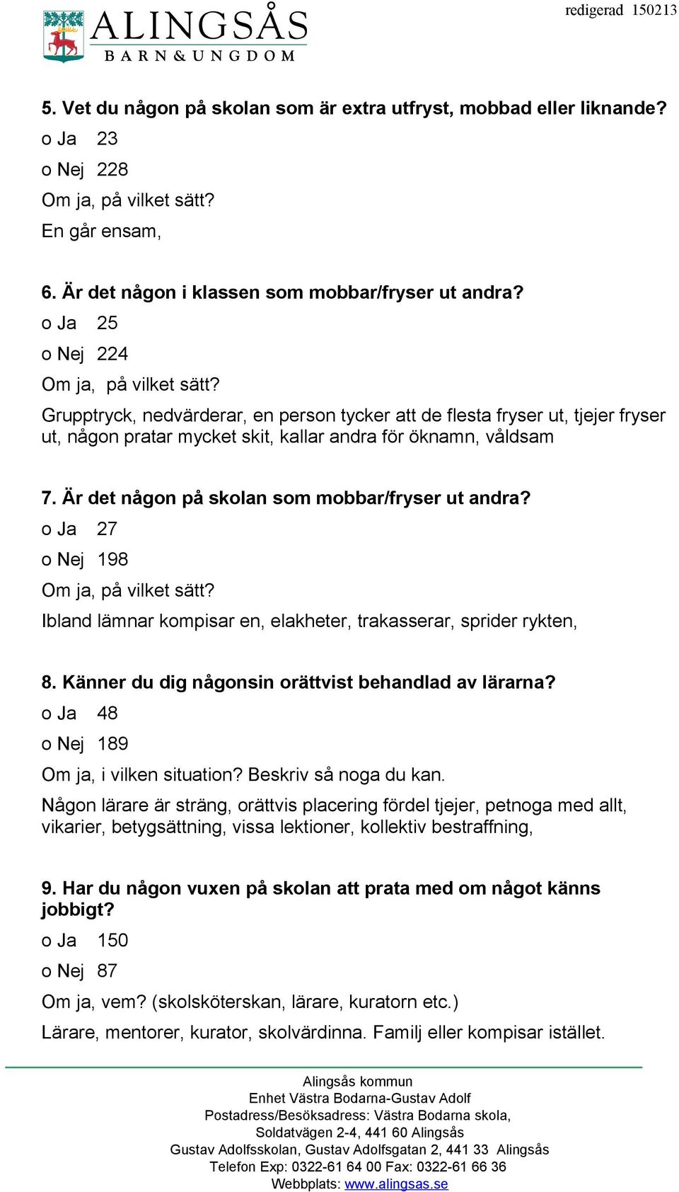 Är det någon på skolan som mobbar/fryser ut andra? o Ja 27 o Nej 198 Om ja, på vilket sätt? Ibland lämnar kompisar en, elakheter, trakasserar, sprider rykten, 8.