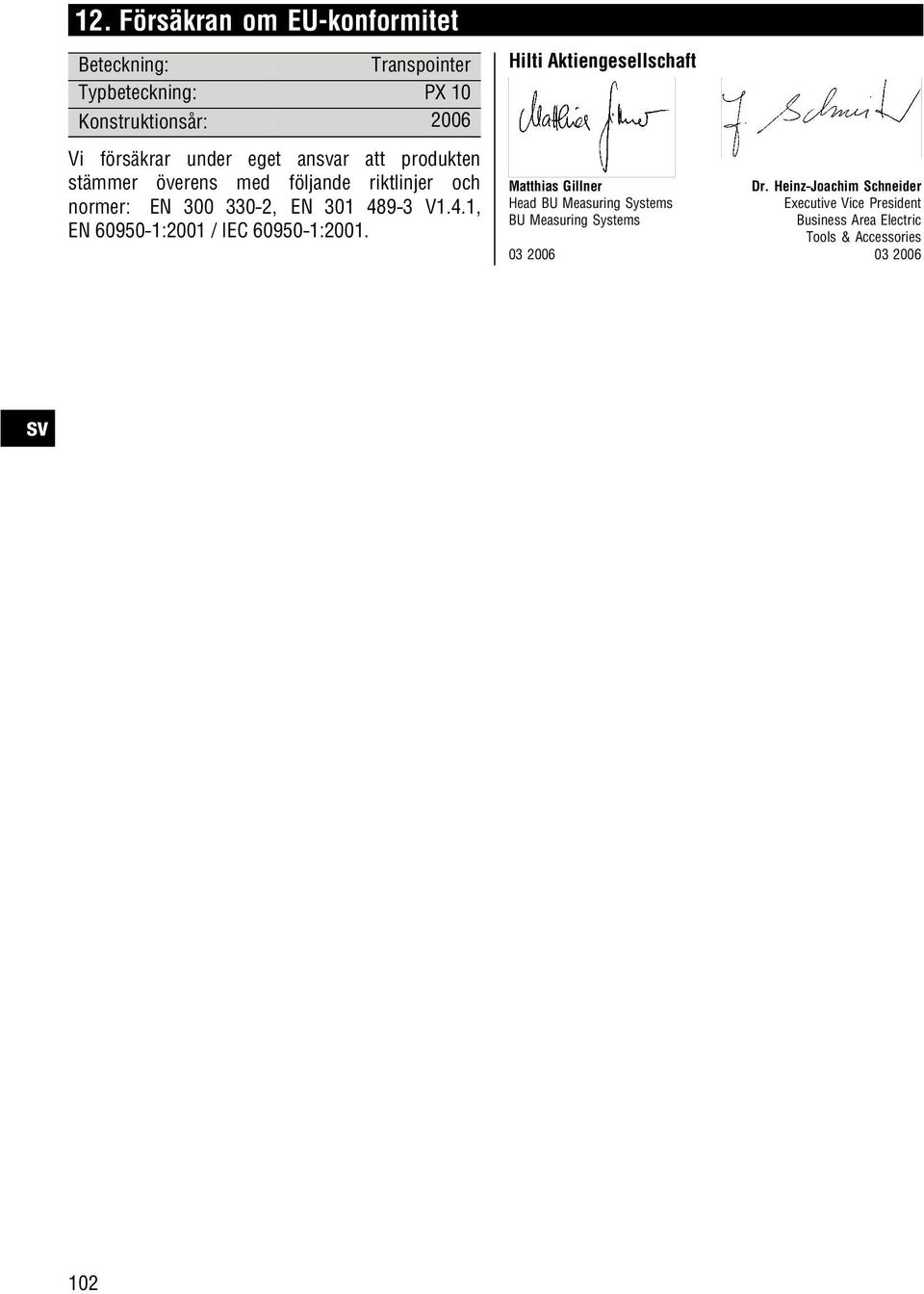 9 3 V1.4.1, EN 60950 1:2001 / IEC 60950 1:2001. Hilti Aktiengesellschaft Matthias Gillner Dr.