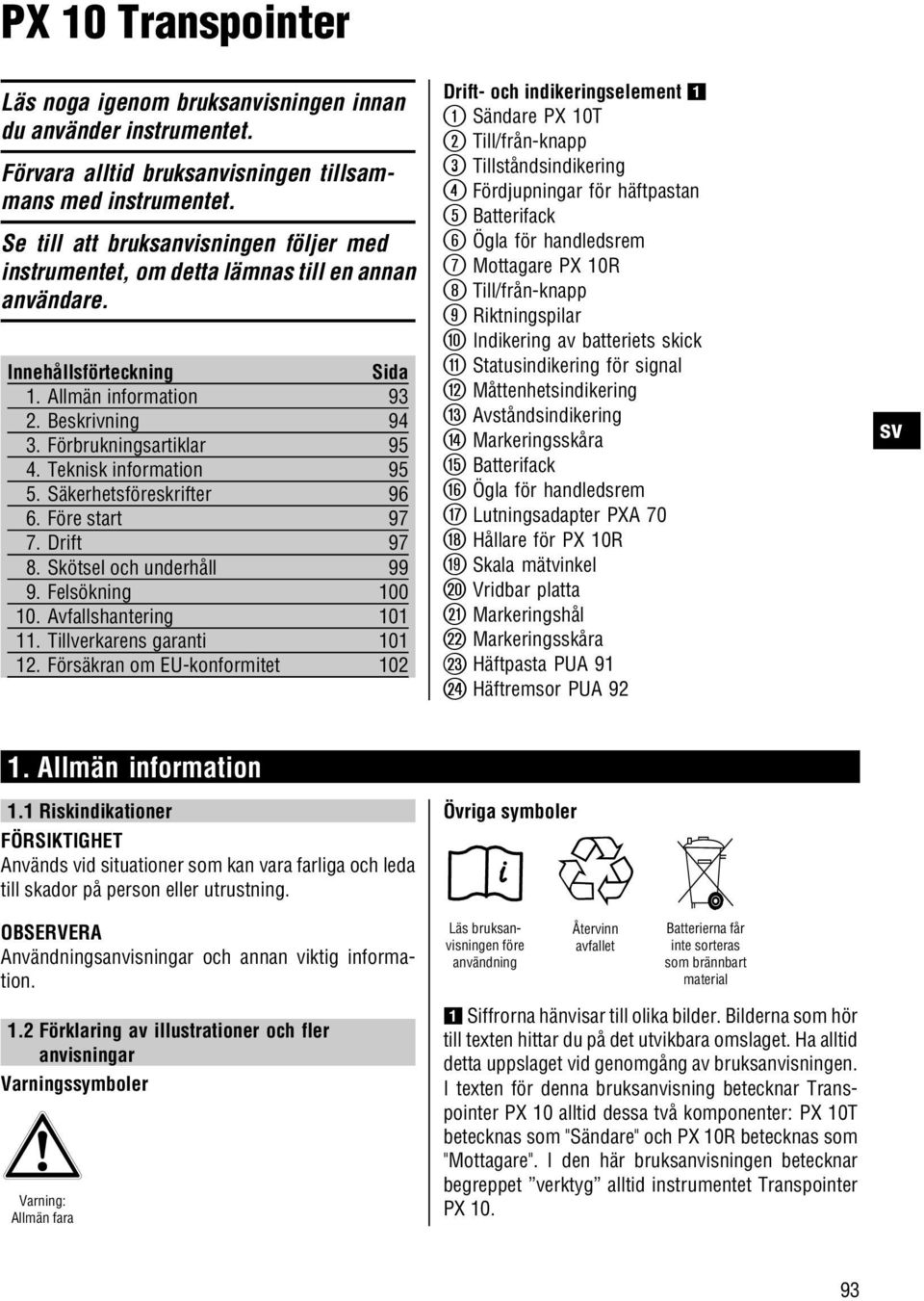 Teknisk information 95 5. Säkerhetsföreskrifter 96 6. Före start 97 7. Drift 97 8. Skötsel och underhåll 99 9. Felsökning 100 10. Avfallshantering 101 11. Tillverkarens garanti 101 12.