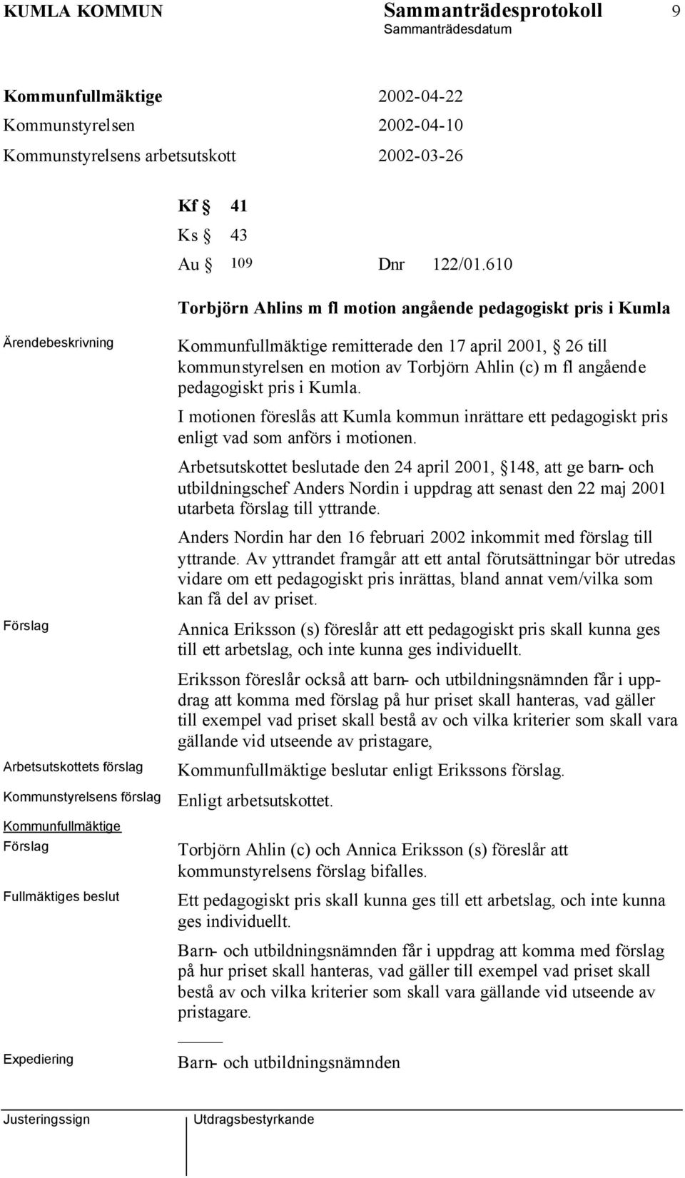 (c) m fl angående pedagogiskt pris i Kumla. I motionen föreslås att Kumla kommun inrättare ett pedagogiskt pris enligt vad som anförs i motionen.