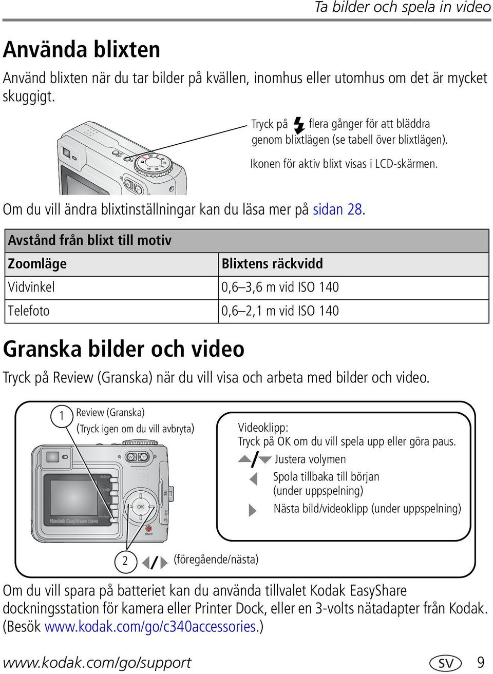 Avstånd från blixt till motiv Zoomläge Blixtens räckvidd Vidvinkel 0,6 3,6 m vid ISO 140 Telefoto 0,6 2,1 m vid ISO 140 Granska bilder och video Tryck på Review (Granska) när du vill visa och arbeta