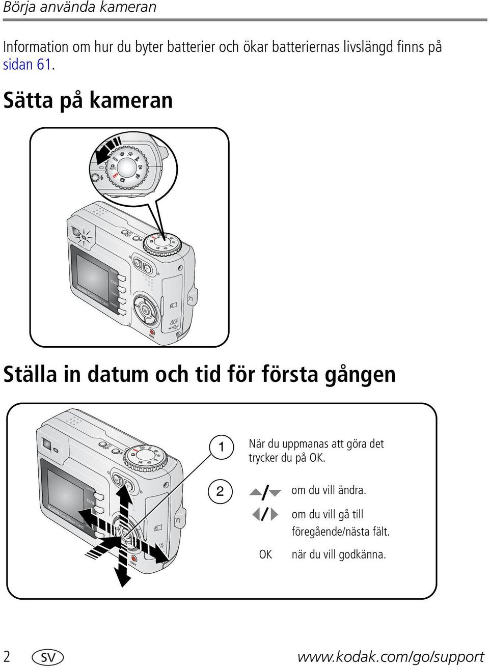 Sätta på kameran Ställa in datum och tid för första gången 1 När du uppmanas att