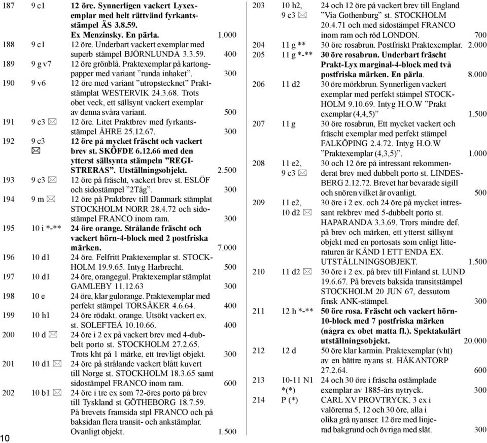 Trots obet veck, ett sällsynt vackert exemplar av denna svåra variant. 500 191 9 c3! 12 öre. Litet Praktbrev med fyrkantsstämpel ÅHRE 25.12.67. 300 192 9 c3 12 öre på mycket fräscht och vackert!