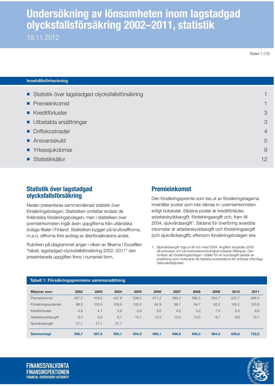 212 Sidan 1 (12) Innehållsförteckning Statistik över lagstadgad olycksfallsförsäkring 1 Premieinkomst 1 Kreditförluster 3 Utbetalda ersättningar 3 Driftskostnader 4 Ansvarsskuld Yrkessjukdomar 9