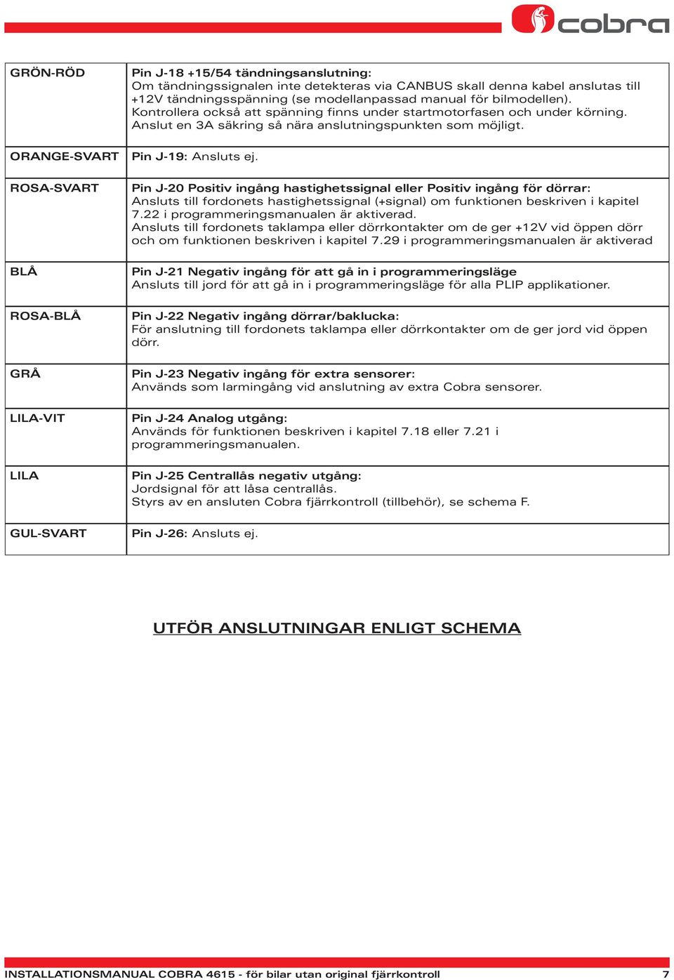 Pin J-19: Ansluts ej. Pin J-20 Positiv ingång hastighetssignal eller Positiv ingång för dörrar: Ansluts till fordonets hastighetssignal (+signal) om funktionen beskriven i kapitel 7.