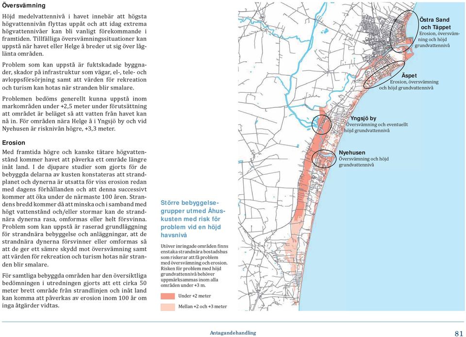 Problem som kan uppstå är fuktskadade byggnader, skador på infrastruktur som vägar, el-, tele- och avloppsförsörjning samt att värden för rekreation och turism kan hotas när stranden blir smalare.