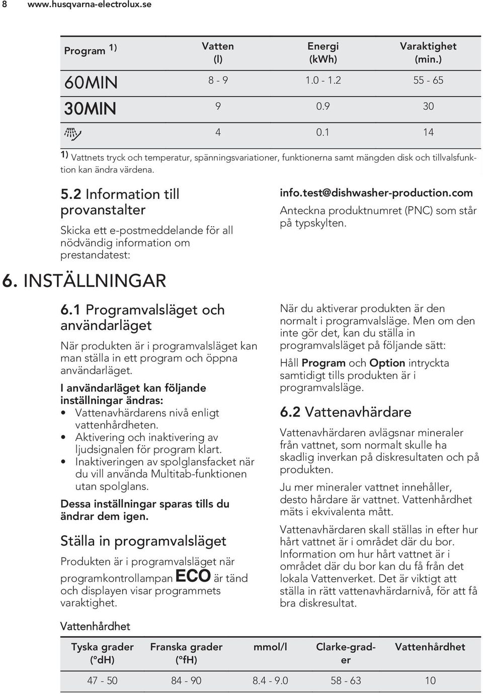 2 Information till provanstalter Skicka ett e-postmeddelande för all nödvändig information om prestandatest: 6. INSTÄLLNINGAR 6.