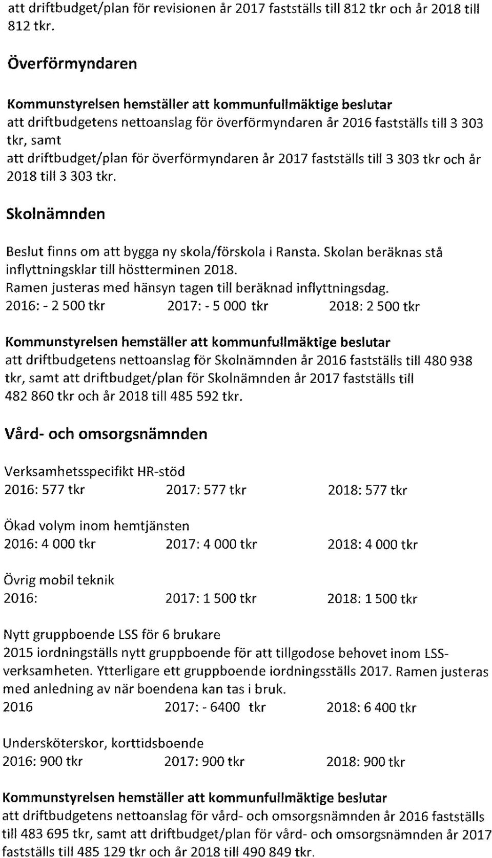 217 fastställs till 3 33 tkr och år 218 till 3 33 tkr. Skolnämnden Beslut finns om att bygga ny skola/förskola i Ransta. Skolan beräknas stå inflyttningsklar till höstterminen 218.