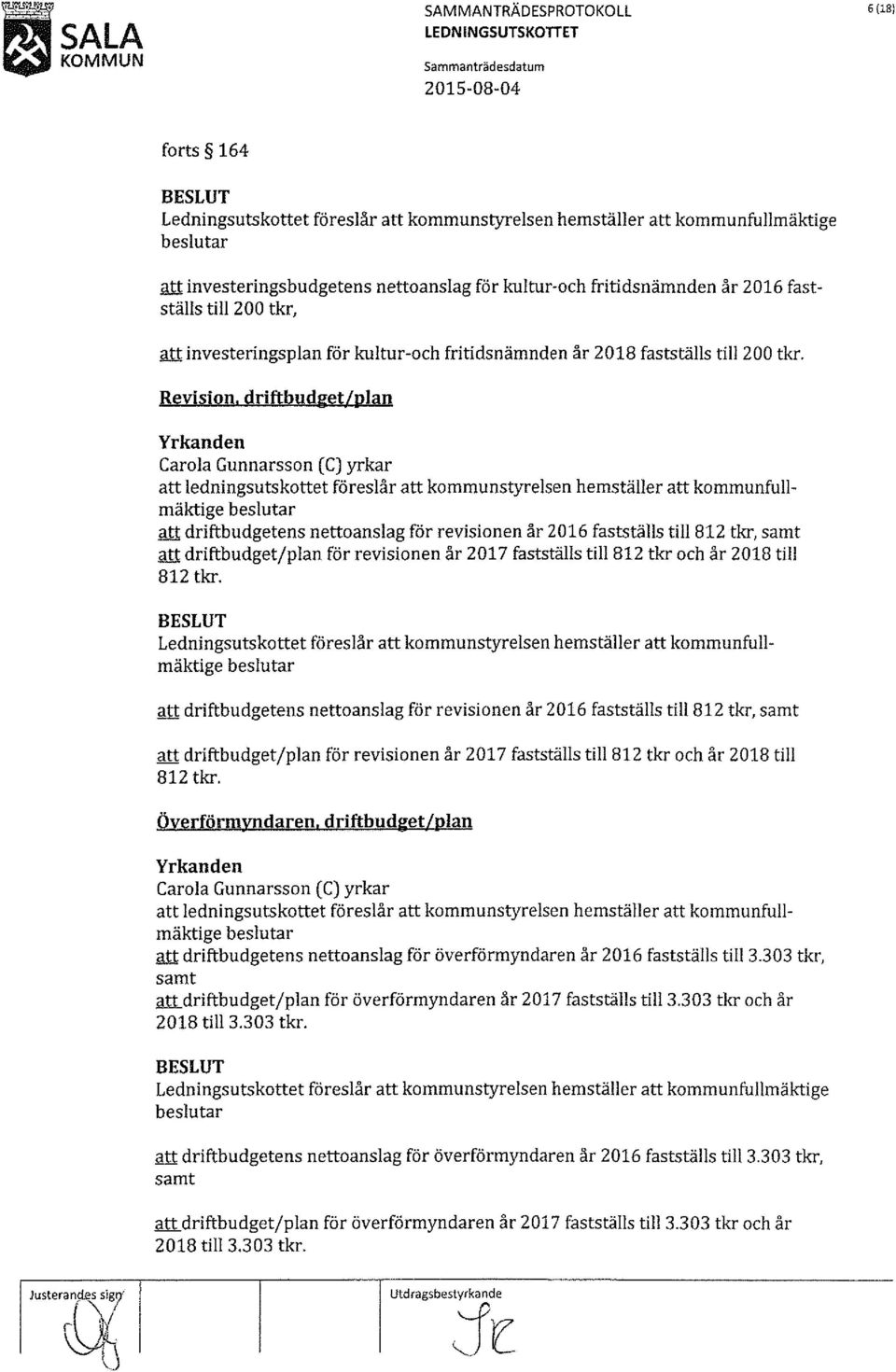 driftbudget/plan att driftbudgetens nettoanslag för revisionen år 216 fastställs till 812 tkr, samt att driftbudget/plan för revisionen år 217 fastställs till 812 tkr och år 218 till 812 tkr.