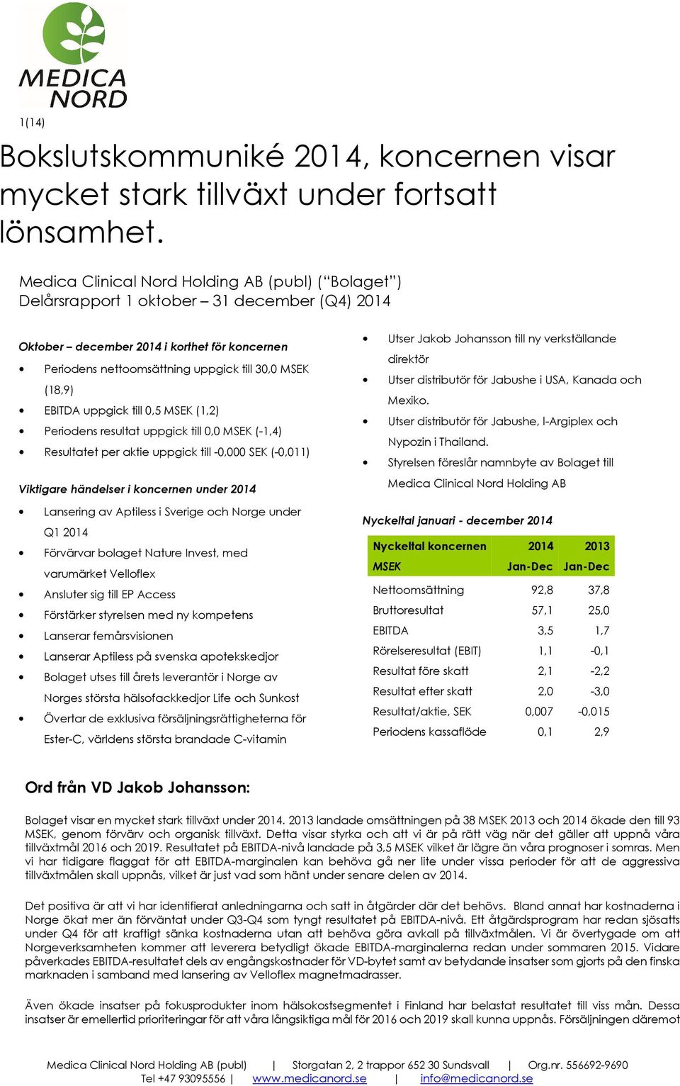 EBITDA uppgick till 0,5 MSEK (1,2) Periodens resultat uppgick till 0,0 MSEK (-1,4) Resultatet per aktie uppgick till -0,000 SEK (-0,011) Viktigare händelser i koncernen under 2014 Lansering av