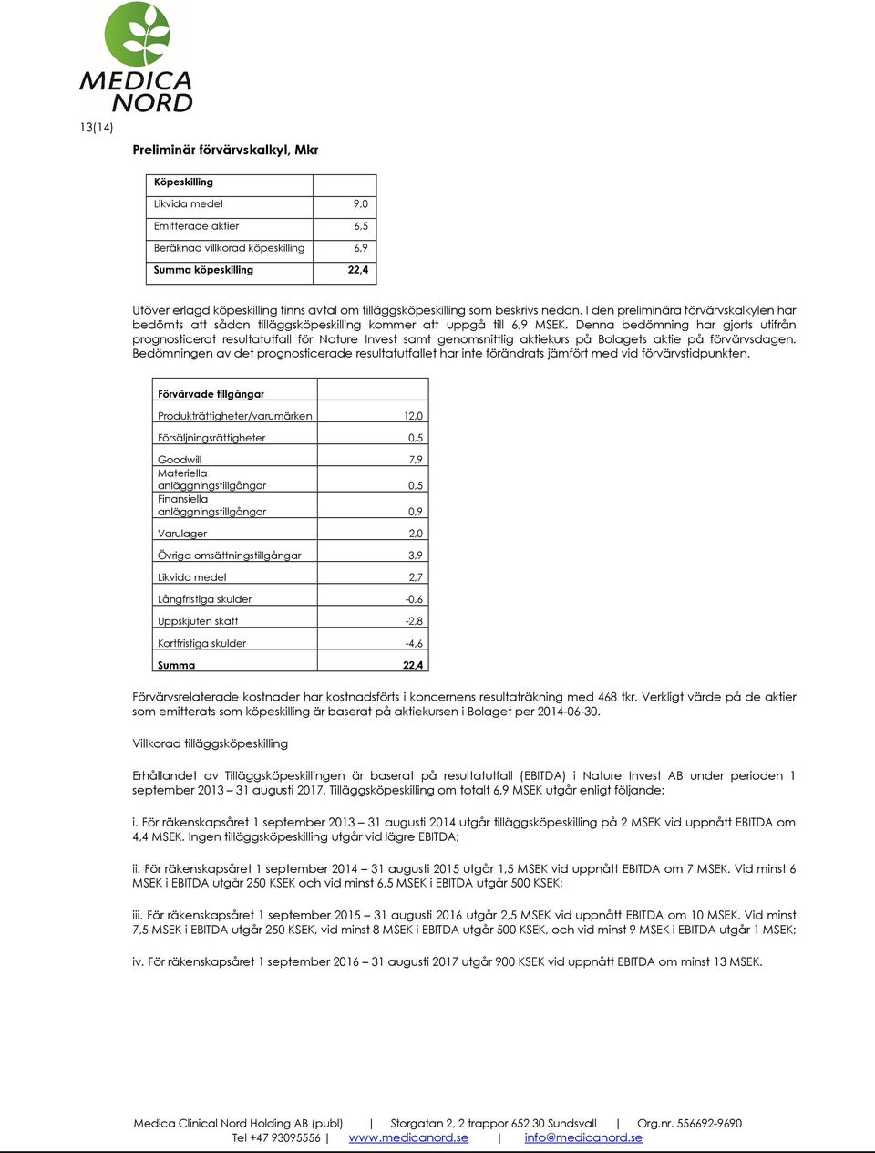 Denna bedömning har gjorts utifrån prognosticerat resultatutfall för Nature Invest samt genomsnittlig aktiekurs på Bolagets aktie på förvärvsdagen.