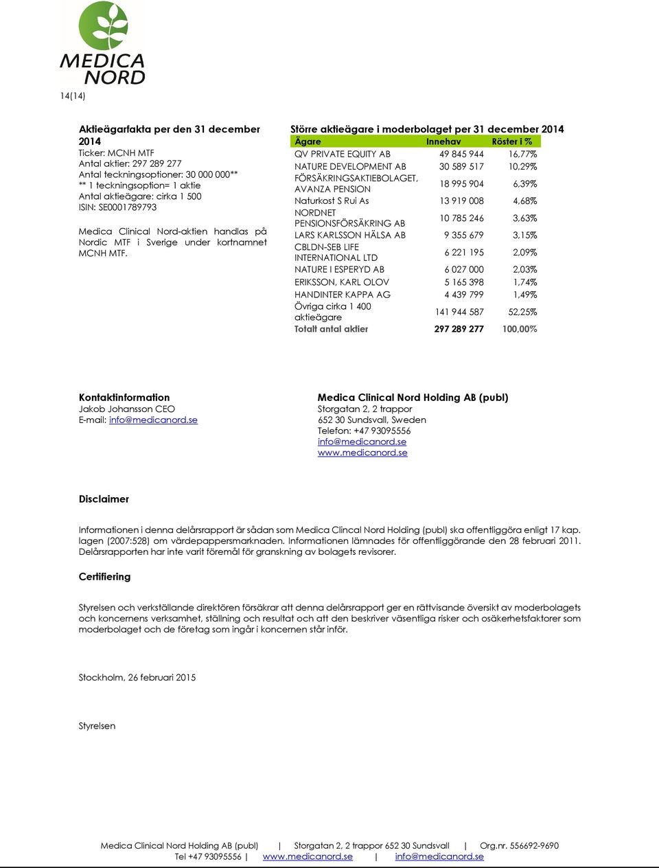 Större aktieägare i moderbolaget per 31 december 2014 Ägare Innehav Röster i % QV PRIVATE EQUITY AB 49 845 944 16,77% NATURE DEVELOPMENT AB 30 589 517 10,29% FÖRSÄKRINGSAKTIEBOLAGET, AVANZA PENSION