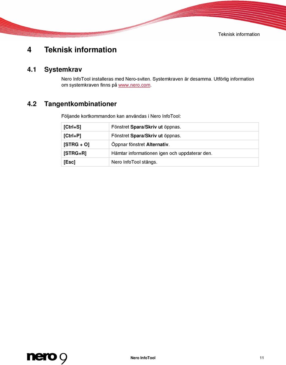 2 Tangentkombinationer Följande kortkommandon kan användas i Nero InfoTool: [Ctrl+S] [Ctrl+P] [STRG + O] [STRG+R] [Esc]