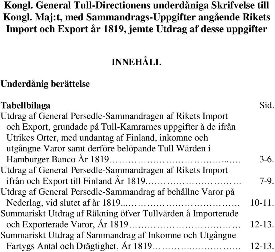 Utdrag af General Persedle-Sammandragen af Rikets Import och Export, grundade på Tull-Kamrarnes uppgifter å de ifrån Utrikes Orter, med undantag af Finland, inkomne och utgångne Varor samt derföre